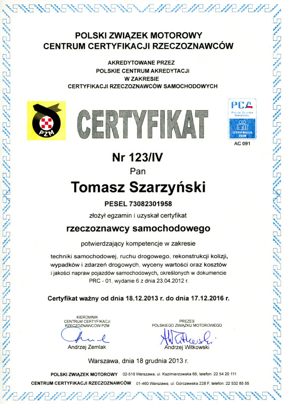 Certyfikat rzeczoznawcy motoryzacyjnego-ruch drogowy-Tomasz Szarzynski
