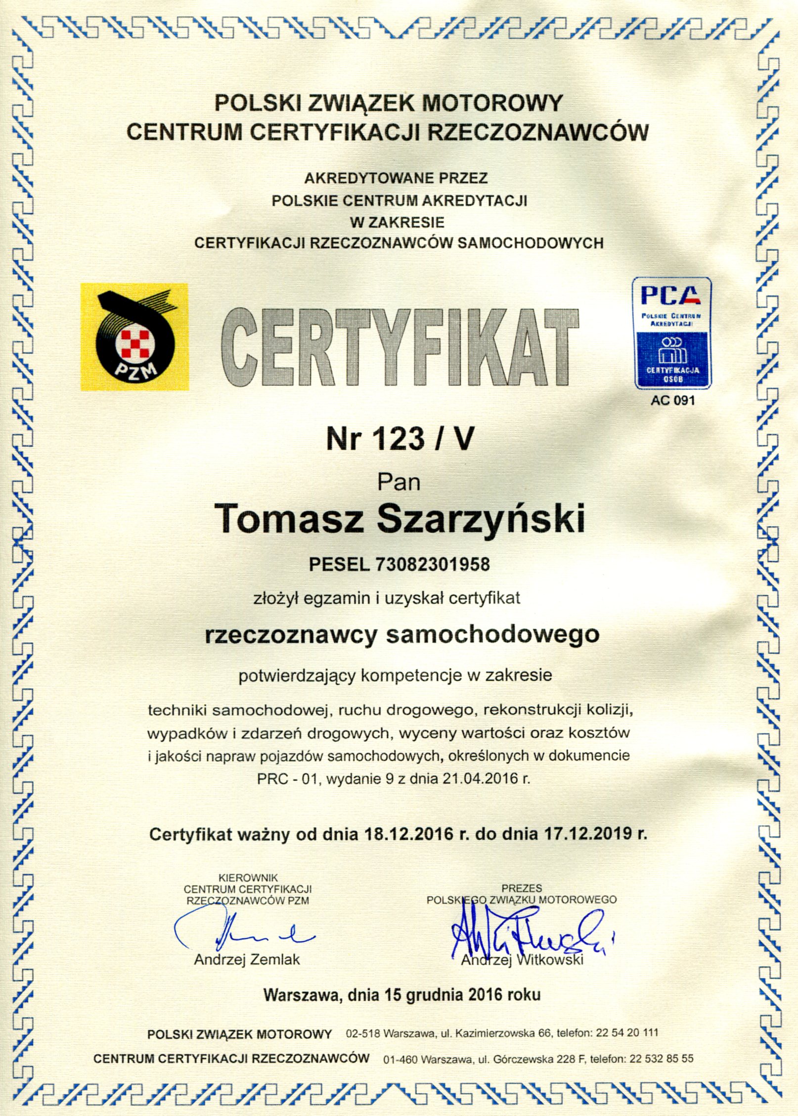 Certyfikat PCA-rzeczoznawca samochodowy